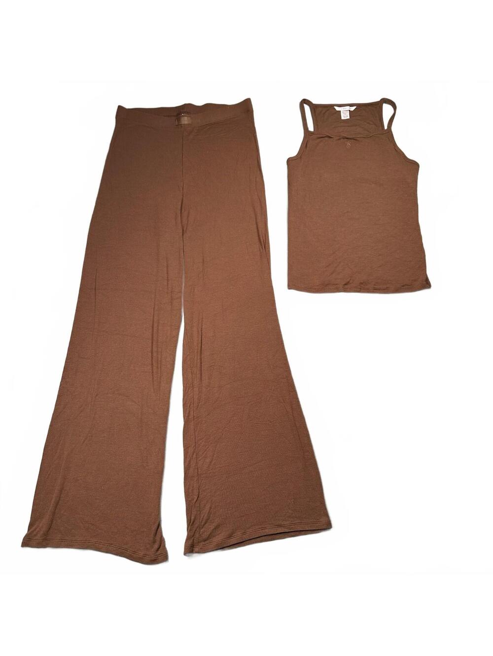 Victoria's Secret Brown Ribbed Knit Set Square Neck Tank Wide Leg Pants M